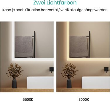 Дзеркало для ванної кімнати EMKE з підсвічуванням 120x60 см, тепле біле світло 3000K, вбудований вимикач, антизапар, 2 кольори світла