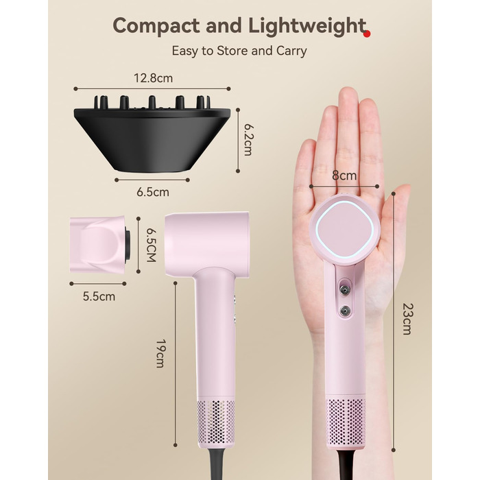 Професійний іонний фен для волосся з дифузором, безщітковий мотор 160 000 об/хв, швидке сушіння, сірий колір