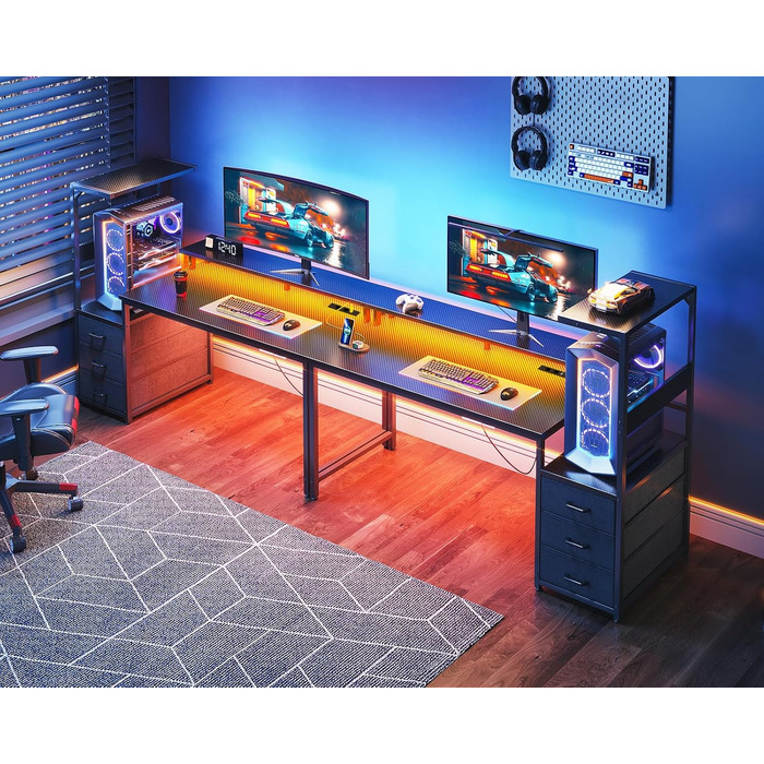 Ігровий стіл Coleshome з ящиками, 151x50 см, LED-підсвічуванням та розеткою, стіл для комп'ютера з полицями та підставкою для монітора, карбон, чорний