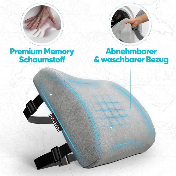 Пояснична подушка-підтримка FORTEM для авто, офісного та ігрового крісла, з ефектом пам'яті (Memory Foam), дихаючий чохол, сірий велюр