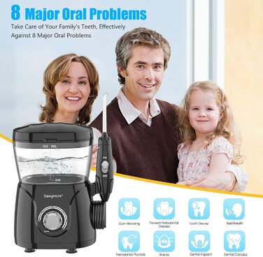 Електрична іригатор для порожнини рота з 10 рівнями тиску та 8 насадками, професійний водяний флосер, резервуар для води 600 мл, ідеально для сім'ї, білий (чорний)