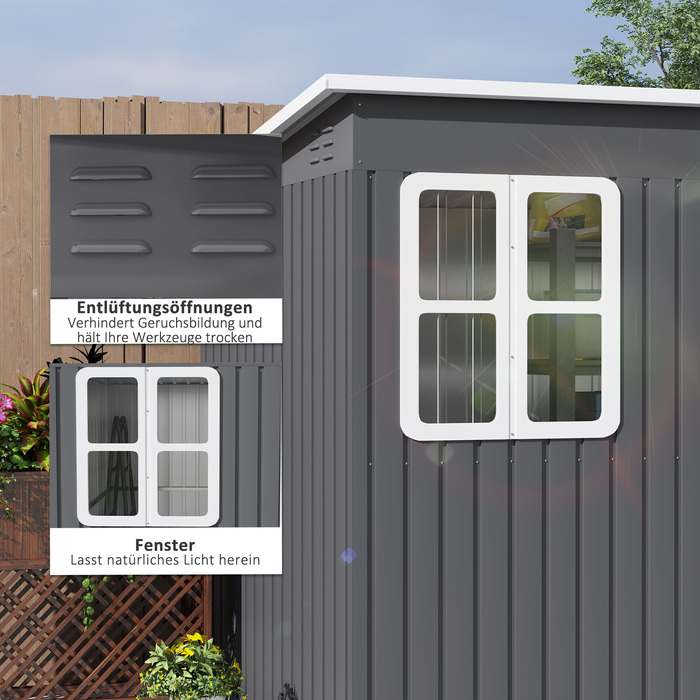 Outsunny Garden Shed 4,13 м³, Садовий сарай, 260 x 177 x 190 см, Садовий сарай з вікном, Двері, що замикаються, Гараж для велосипедів, Сталева садова шафа, для заднього двору, Сад, Темно-сірий | Аосом