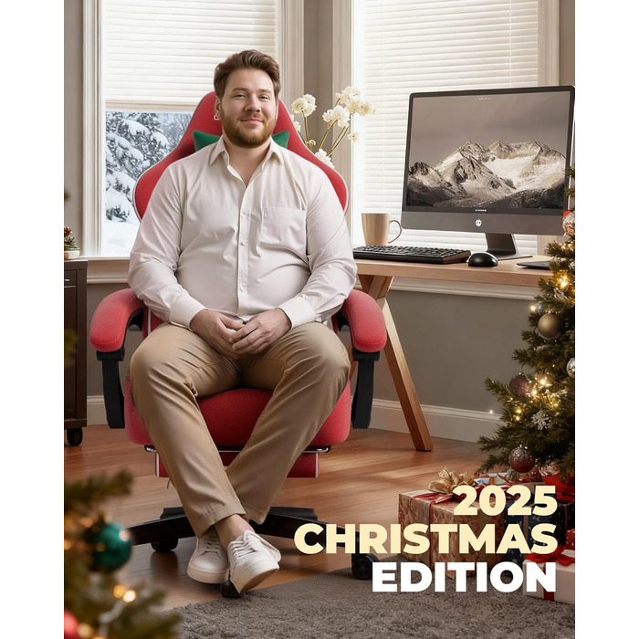 Ігровий крісло GTPLAYER з різдвяним мотивом, з підніжкою, широке сидіння, з подушкою для спини та синхронізованими підлокітниками для великих людей, велюр, червоний, на Різдво