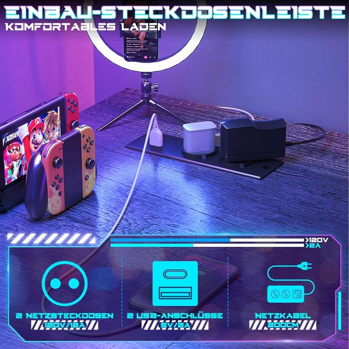 Ігровий стіл з LED підсвічуванням та розетками, стіл для комп'ютера з USB, стіл для ігор з підставкою для монітора, сучасний офісний/студентський стіл для офісу та ігрової кімнати (грабовий дуб)