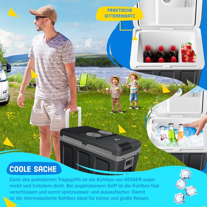 Термобокс KESSER® 40L з колесами | Холодильник-грілка 12/230V | Для авто, човна, кемпінгу | З акумуляторами холоду та тримачами для напоїв (Чорний/Сірий)