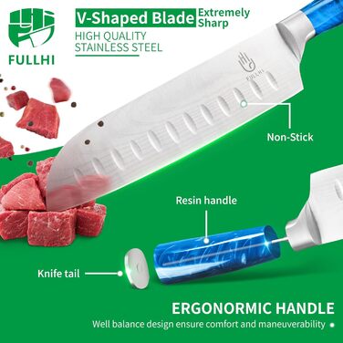 Японський набір ножів Fullhi 15 предметів з магнітним підставкою, з високоякісної сталі, ергономічні ручки з харчового пластику, для професійної та домашньої кухні