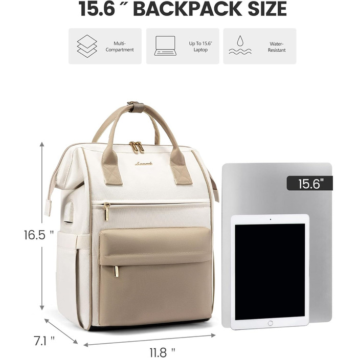 Сумка-рюкзак LOVEVOOK для жінок, 15.6 дюймів, для ноутбука, подорожей, роботи, школи, універу, офісу, водонепроникна, елегантна, бежева