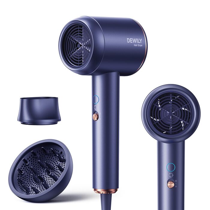 Іонний фен для волосся DEWILY 1800W з дифузором для кучерявого волосся, 3 температурні режими, 2 швидкості, компактний дорожній фен (блакитний)