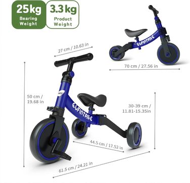 Бесрей 5-в-1 Дитячий Біговел, Триколісний Велосипед для Малюків 1-4 роки (Темно-синій)
