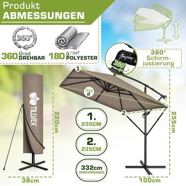 Прямокутна алюмінієва парасолька від сонця tillvex® 330 см з ручкою-котушкою, чохлом та стійкою, водовідштовхуюча, UV-захист, поворотна на 360°, колір капучино