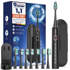 Електрична зубна щітка для дорослих і дітей - звукова, 8 насадок (3 типи), 90 днів роботи, 5 режимів, 50000VPM, кейс для подорожей, таймер, чорна