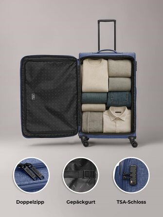 Набір валіз REDOLZ 3 шт. для жінок та чоловіків | Легкі та міцні валізи-ролики, якісний софт-кейс, 4 подвійні колеса, TSA-замок, розширювані | Blue, L (79 см)