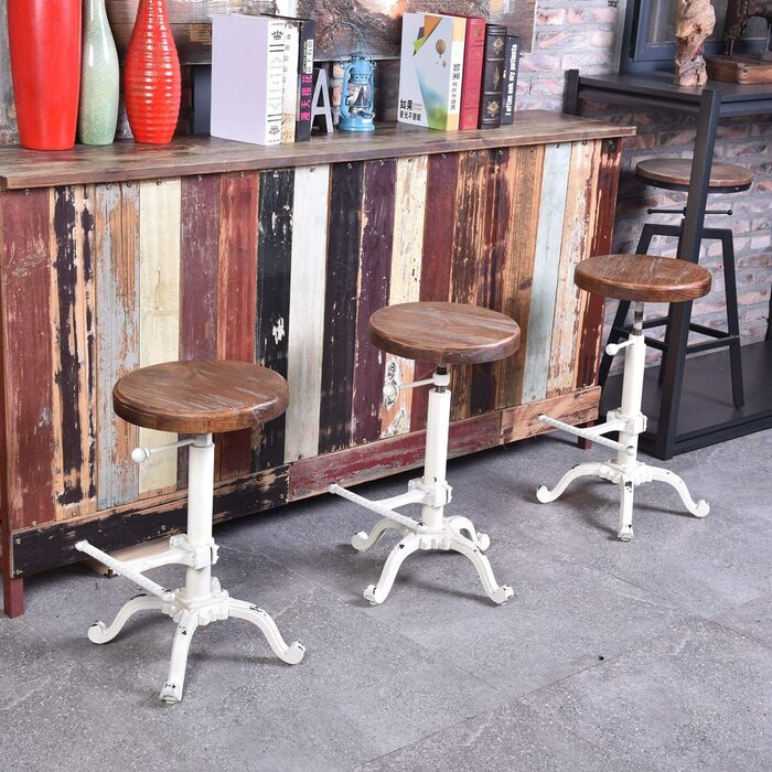 Табурет-стілець у стилі ретро/вінтаж від Topower: дерев'яний, поворотний, регульована висота, для кухні (античний білий)