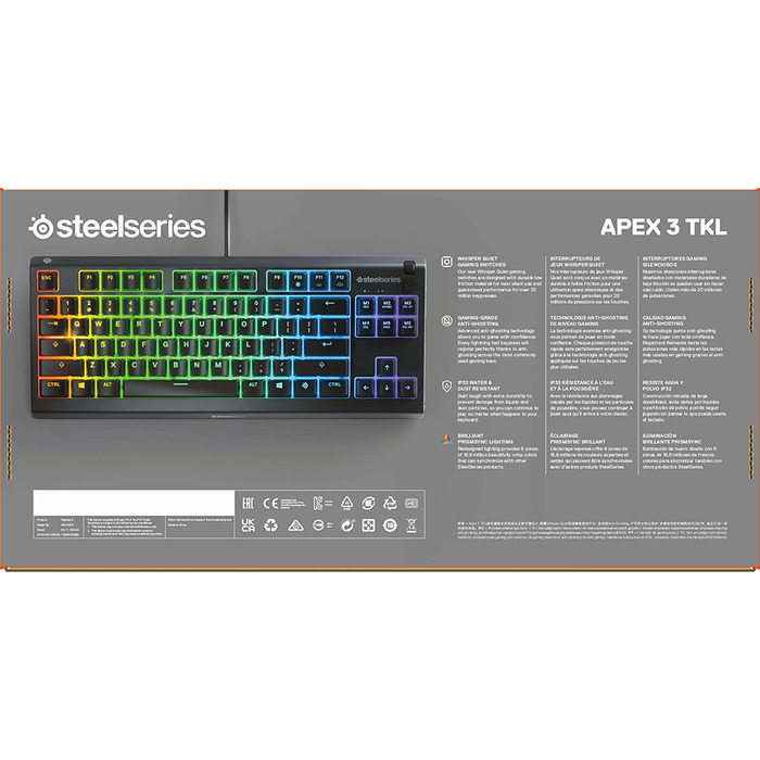 Клавіатура SteelSeries Apex 3 TKL для геймінгу – RGB, компактний форм-фактор TKL, волого- та пилостійкість, тихі геймінгові клавіші, DE Layout QWERTZ, чорний колір