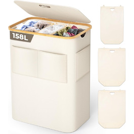 Кошик для білизни OUSFOT з кришкою, 3 відділення, 158л, розкладний, з мішком для білизни, з кишенею, бамбукова коробка для сортування білизни, бежевий