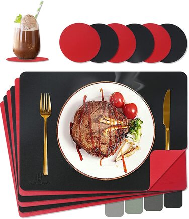 Набір підкладок під тарілки HELI MIAO (6 шт.) - червоно-чорні, водонепроникні, з ефектом шкіри, 43x30 см