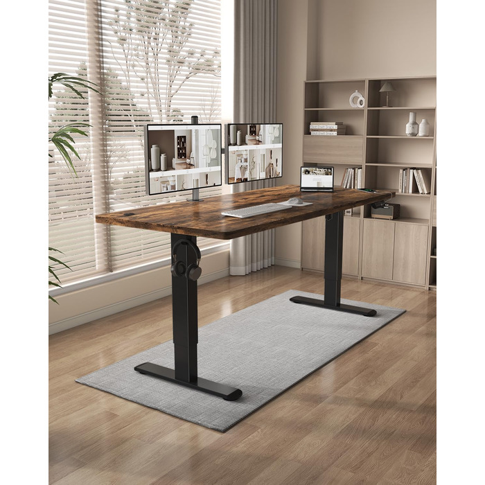 Регульований стіл Flamaker 160x80 см: електричний, з пам'яттю, для офісу, комп'ютерний, з кабелеуправлінням, коричневий вінтаж