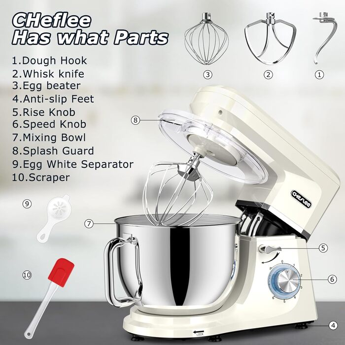 Кухонна машина Cheflee 2000W: потужна планетарна міксер для тіста та збивання, 6 швидкостей, 7.2 л чаша з нержавіючої сталі, гак для тіста та вінчик, захист від бризок (Cream White)