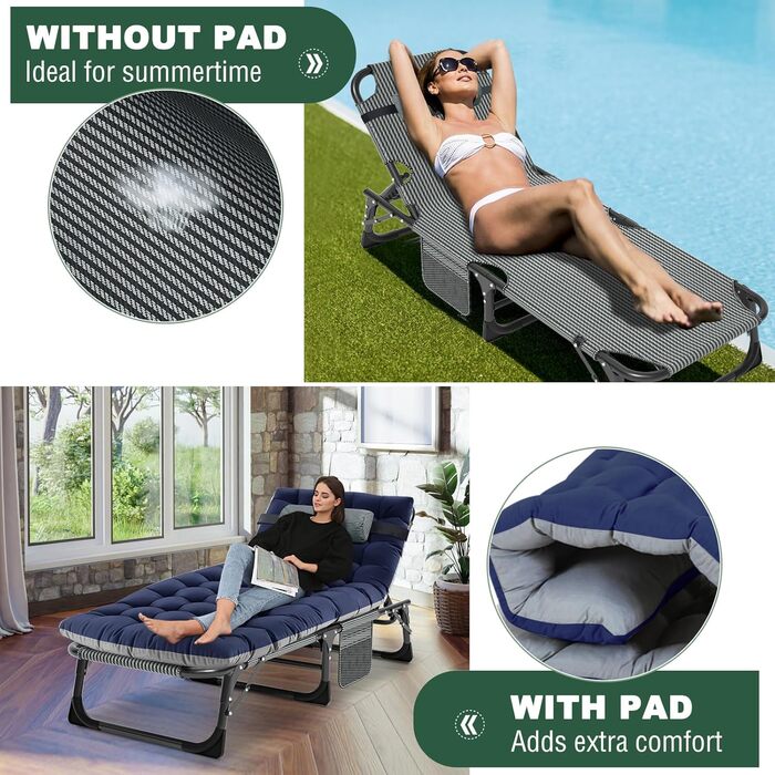 Розкладне шезлонг для саду SUNYRISY з регульованою спинкою, подушкою та підголівником, витримує до 200 кг, велике кемпінгове ліжко для дорослих, тераси, офісу та пляжу