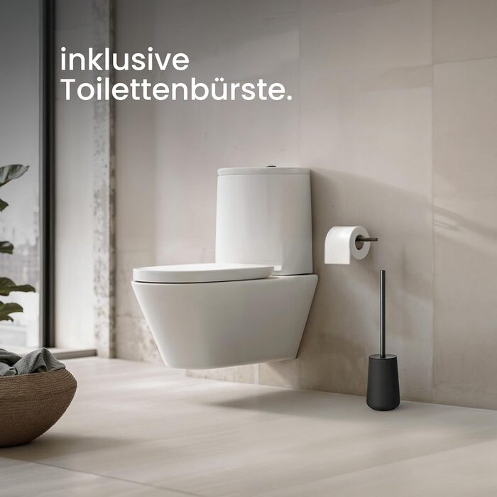 Комплект аксесуарів для ванної кімнати: кераміка преміум-якості, дозатор для мила, 2 склянки, знімна щітка для унітазу - скандинавський дизайн, матовий чорний, 4 шт.