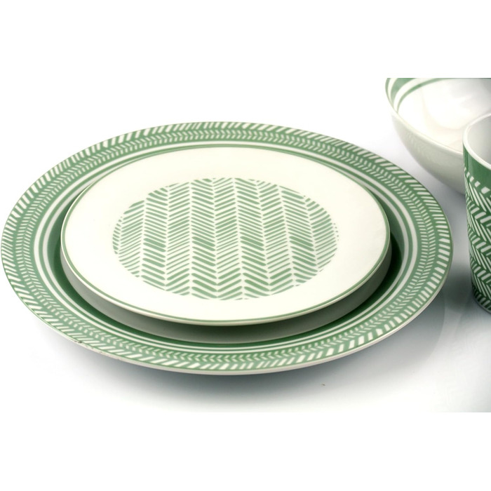 Комбінований сервізний посуд HERRINGBONE Набір 32 предмети на 8 персон / порцеляновий круглий / дизайн ялинкою - зигзагоподібний візерунок у зеленому та білому шавлії / Waterside England від Retsch Arzberg