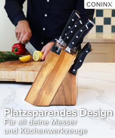 Блок для ножів Coninx Universal з інтегрірувачем – Тримач для ножів з акації на 15 слотів – Стійкий підставка для кухонних ножів, хлібного ножа, ножа для стейка та ножиць, коричневий з інтегрірувачем