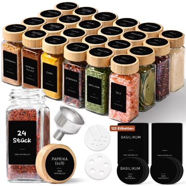 Набір баночок для спецій ComSaf 24 шт. по 120 мл з мітками, бамбуковими кришками та нержавіючим сталевим воронкою