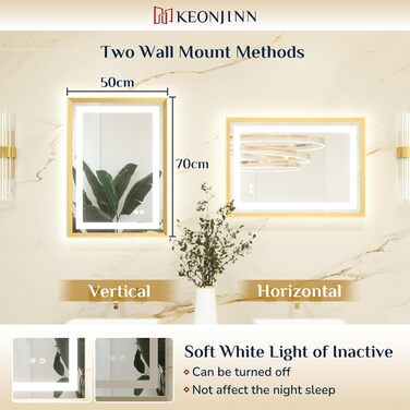 Дзеркало для ванної кімнати Keonjinn з підсвічуванням, 50x70 см, золотий металевий каркас, LED, сенсорне управління, 3 кольори світла, диммування, без запотівання, пам'ять налаштувань