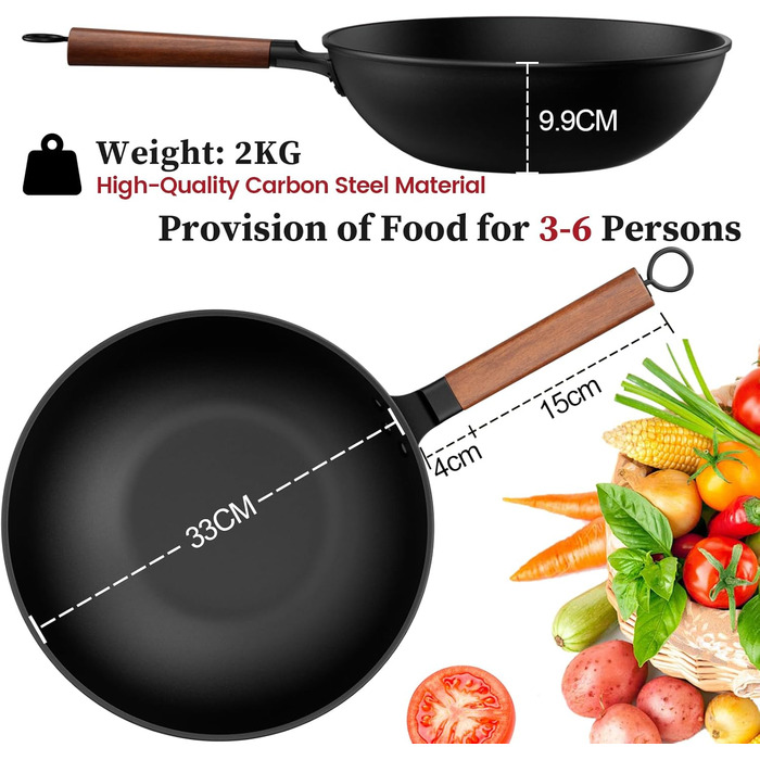 Вок Jobin 33 см з кришкою з термостійкого скла, з вуглецевої сталі, без хімічного покриття, для азіатської кухні, сумісний з індукційними, газовими, електричними та керамічними плитами, чорний