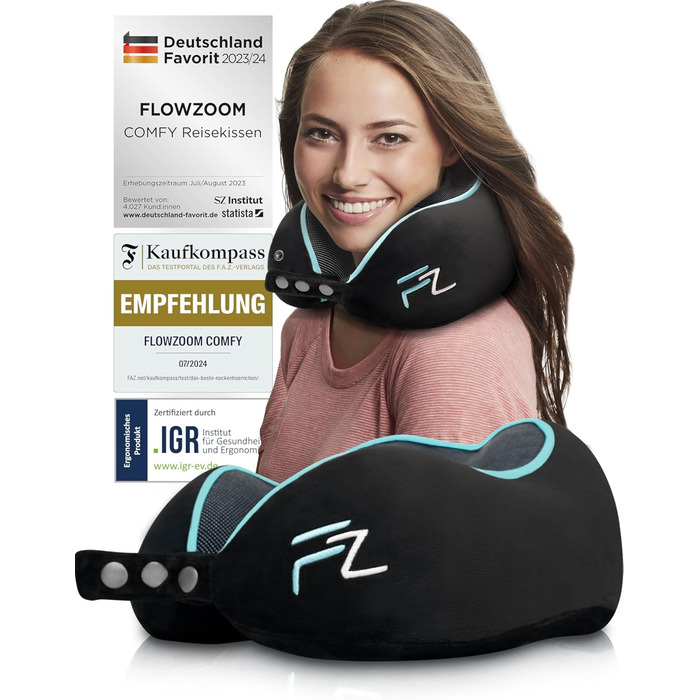 Подушка для шиї FlowZoom Comfy: регульована, з memory foam, для авто та літака - 360° підтримка, дихаючий чохол, чорна