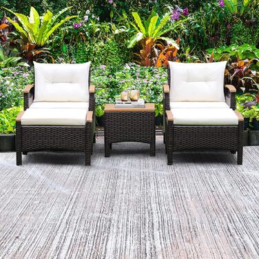 Набір садових меблів GIANTEX 5 предметів: 2 крісла, 2 пуфи та столик - ротанг, кремово-білий колір, для саду та балкону