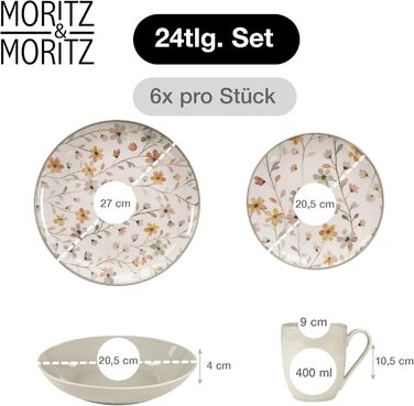 Набір посуду Moritz & Moritz PRIMAVERA з кераміки на 6 осіб (24 шт.) - сучасний сервіз з ігровим дизайном, легкий у догляді, включає тарілки, чашки та миски