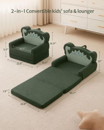 Дитяча крісло-диван Blissful Diary Kindercouch 2-в-1 з динозаврами, зручне, темно-зелене