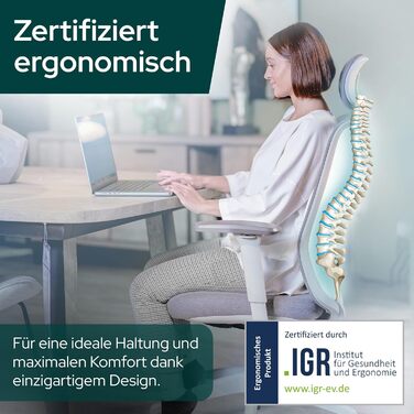 Ергономічне крісло Schekka® для офісу - переможець тестів. Індивідуальне регулювання, підтримка голови та попереку, 3D підлокітники, дихаюча сітка. Макс. вага 150 кг (Світло-сірий/М'ятний)