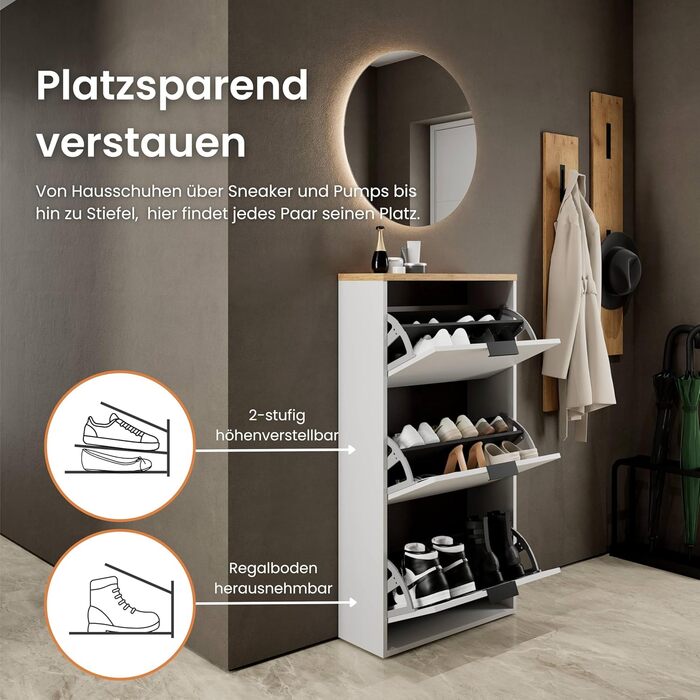 Взуттєва шафа Planetmöbel з 3 стінками, 6 полицями, 60 x 23 x 118 см, білий/сірий колір