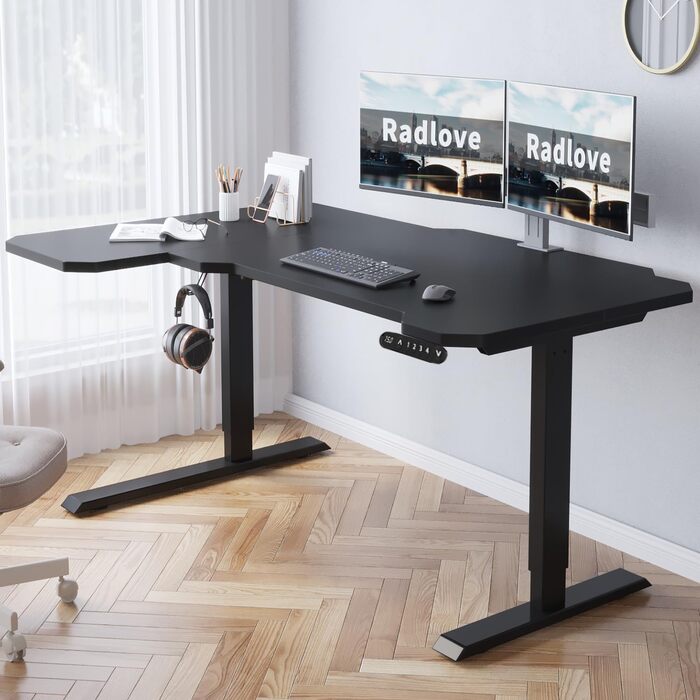 Електричний кутовий стіл Radlove 150 см з регулюванням висоти, 4 пам'яті, стільниця 2-х секційна, з'єднувальна панель (78 x 150 см, чорний)