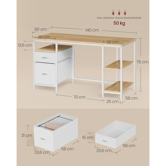 Комп'ютерний стіл VASAGLE з 3 полицями та 2 ящиками, 140 x 60 x 76 см, для офісу та вітальні, сучасний стиль, колір: natureichenfarben + perlweiß
