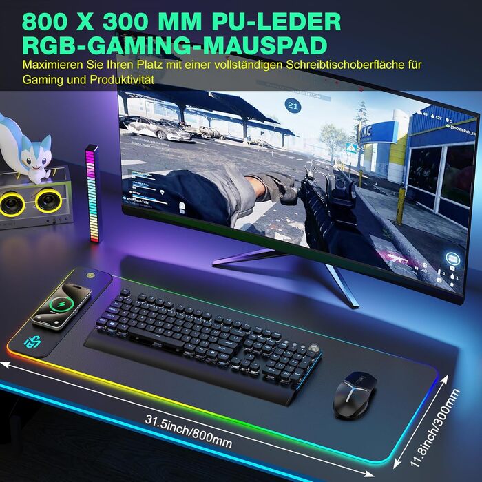 Ігрова підставка для миші RGB з бездротовою зарядкою Qi 15W, LED-підсвічування, 10 режимів, водонепроникна, протиковзна, для геймінгу, ПК, офісу (чорний PU)