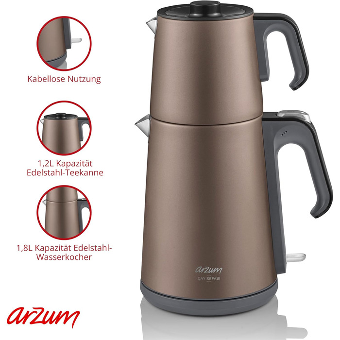 Електричний чайник Arzum Ehlikeyf – турецький чайник, 2200W, 3,5л, 1,2л глечик, нержавіюча сталь, регулювання температури, захист від сухого кипіння