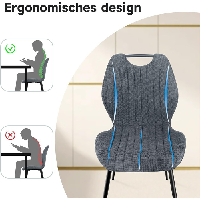 LEWE Комплект з 6 стільців для їдальні, вітальні та кухні. М'які стільці з металевими ніжками, тканинна спинка, сірий колір