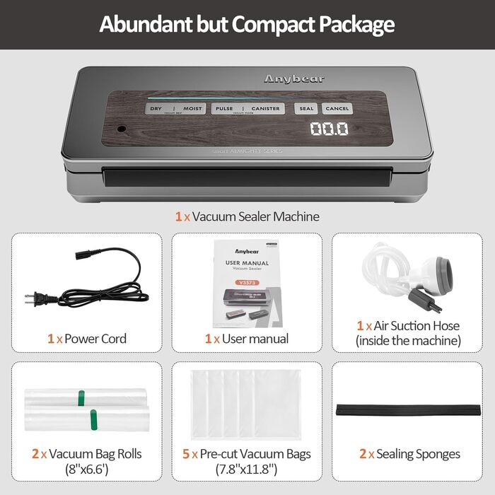 Вакууматор для продуктів з вбудованим різаком, 100 Вт, 90 кПа, цифровий таймер та відсіком для пакетів, сірий