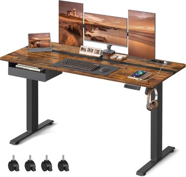 Електричний регульований стіл VASAGLE, 60 x 140 см, з пам'яттю висоти, розетками та ящиком, кольори: білий + горіх, LSD112W01