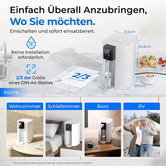 Система зворотного осмосу Waterdrop CoreRO для встановлення на стільницю, миттєвий нагрівач гарячої води, 5 температурних опцій, 6-ступенева фільтрація, 3:1 чиста вода/стоки, зменшує PFAS, без встановлення, WD-C1H, миттєво гаряча вода (температура кімнати