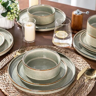 Набір посуду GBHOME 12 шт. з реактивної глазурі (12 шт.) - Тарілки та миски, чорно-оливковий, стійкий до сколів, для миття в посудомийній машині та використання в мікрохвильовці