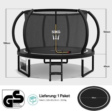 Батут садовий Flamaker Ø228/305/366/427 см з захисною сіткою, до 150 кг, для дітей та дорослих, чорний