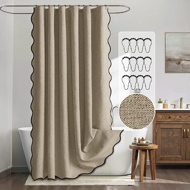 Шторка для душу MIULEE 120x200 см, льон, текстурована, з чорною окантовкою, готельний стиль, водонепроникна, антигрибкова, тканинна, з 8 кільцями, бежева