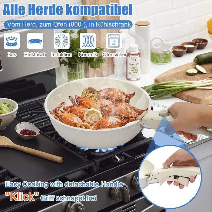 Набір посуду GFTIME 17-ти частинний з антипригарним покриттям Ceramic, для всіх плит (індукція), зі знімними ручками, 20/26 см скляні кришки, без PFOA/PTFE/PFAS