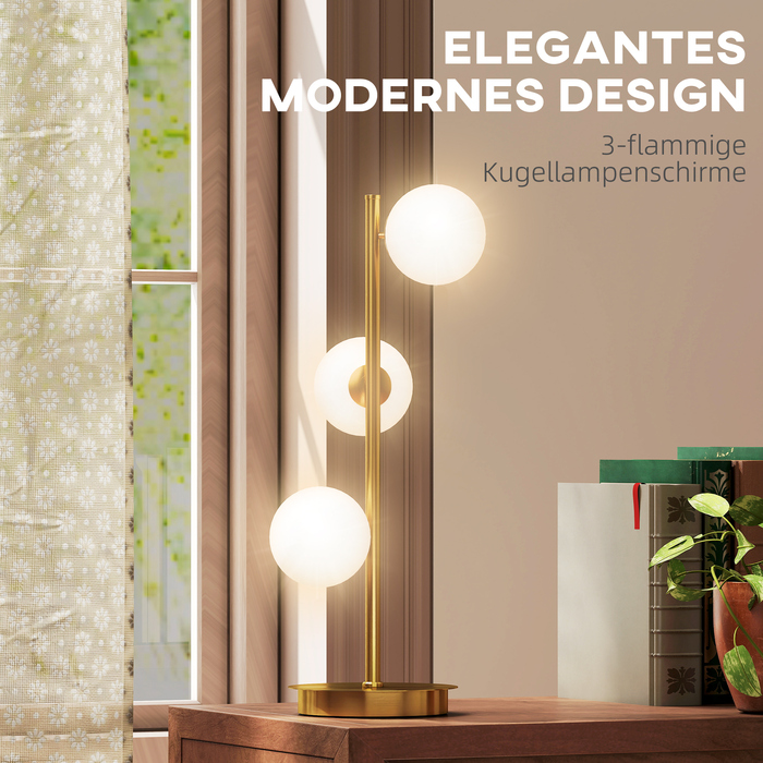 Настільна лампа з трьома сферичними плафонами, міцний сталевий постамент, патрони G9, розміри 24 x 24 x 53 см, латунь.
