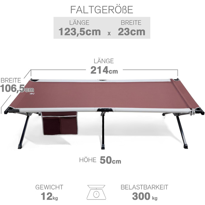 Розкладне кемпінгове ліжко EVER ADVANCED XXL (214x106 см), посилене, витримує до 300 кг, для відпочинку на природі, вдома та в саду (Червоне)