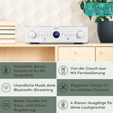 Міні-підсилювач Auna HiFi Stereo, 4 канали, низькі та високі частоти, пульт дистанційного керування, AUX, AV ресивер (сріблястий)